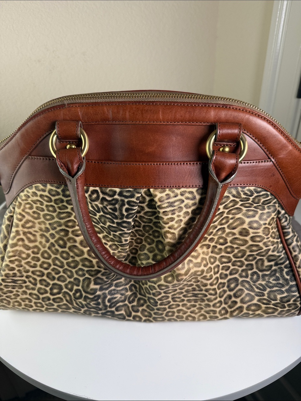 RARE Vintage Brahmin Corington Leopard Print Leather Dome Satchel Bag - Picture 5 of 7